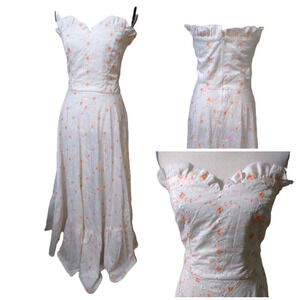 vtg White Maxi Dress M Corset Peach embroidered eyelet Cottage Boho Ethereal 70s